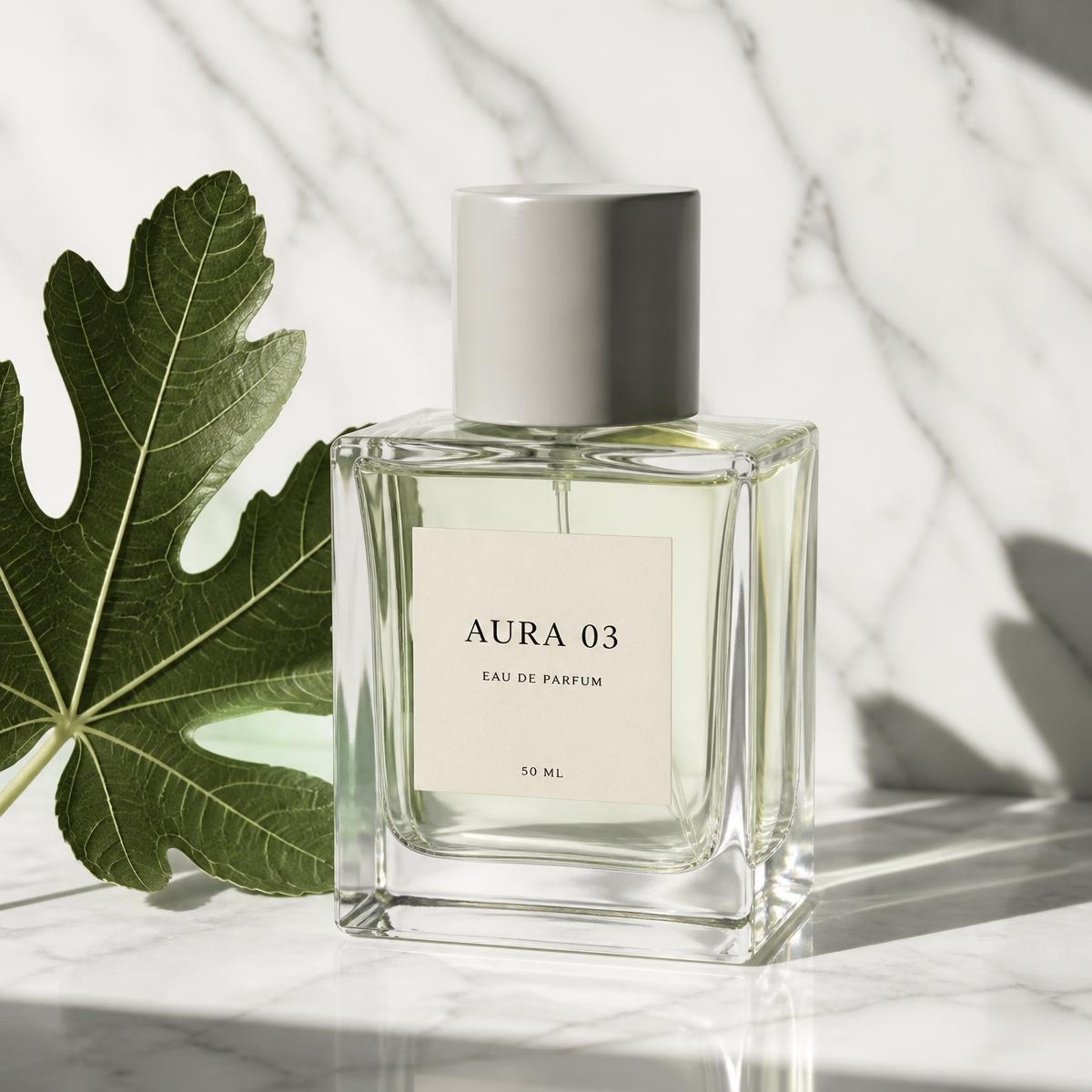 A clear glass eau de parfum bottle showing pale juice