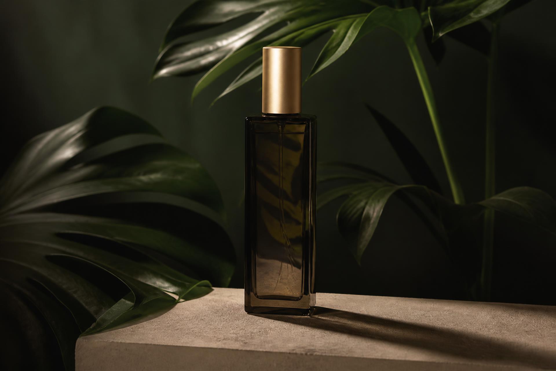 An editorial arrangement of eau de parfum bottles on a linen surface