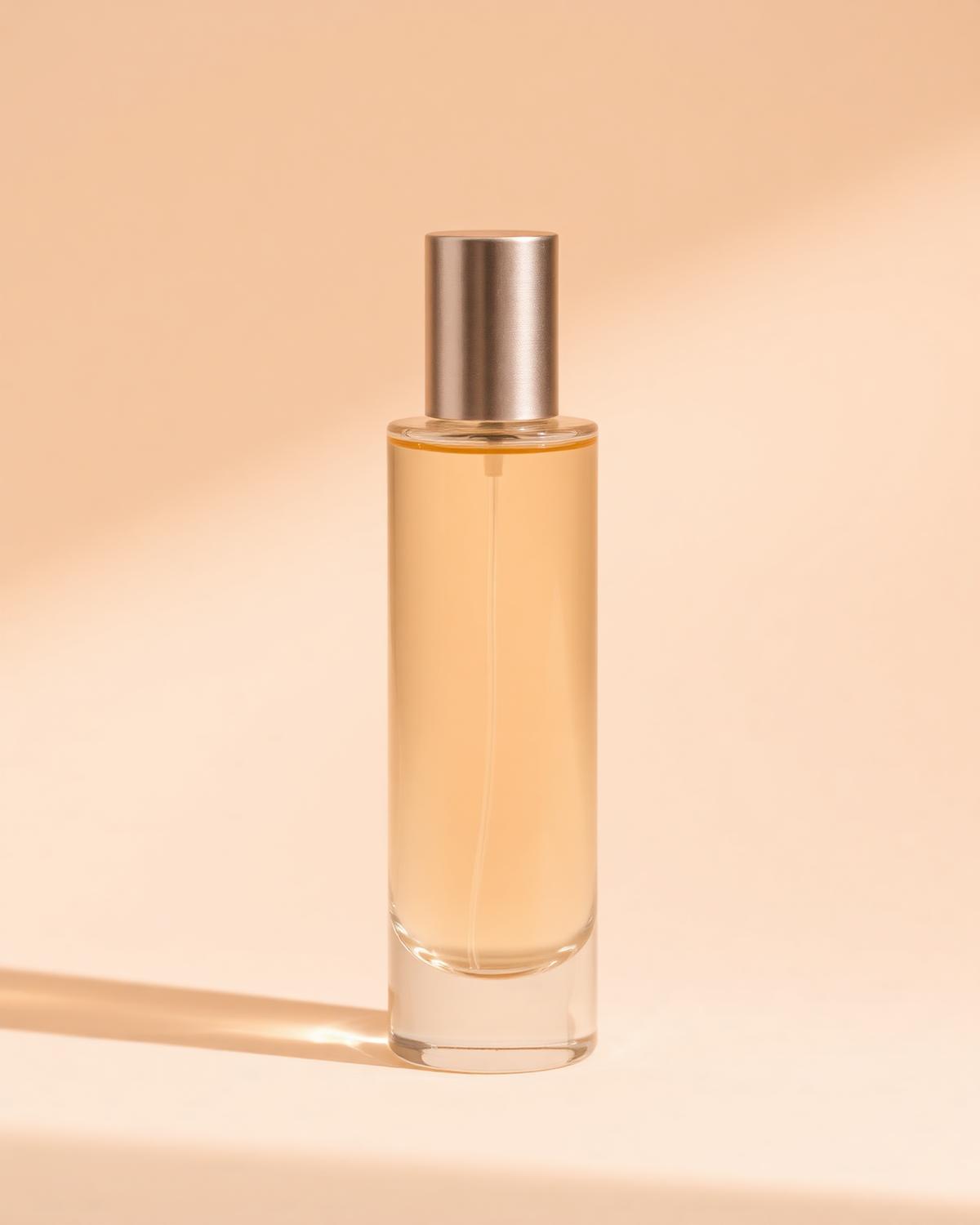 A pale citrus-toned fragrance composition photographed in daylight
