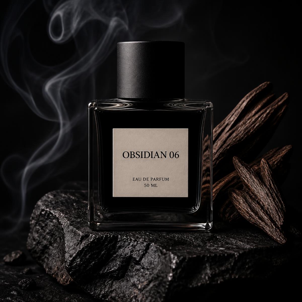 A dark glass eau de parfum bottle photographed against a neutral background